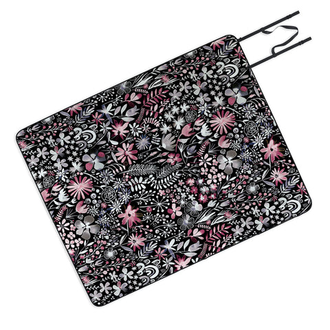 Ninola Design Winter Ink Flowers Dark Picnic Blanket