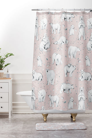 Ninola Design Winter Polar Bears Pink Shower Curtain And Mat
