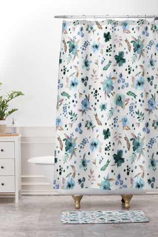 Ninola Design Wintery Floral Calm Sky Blue Shower Curtain And Mat