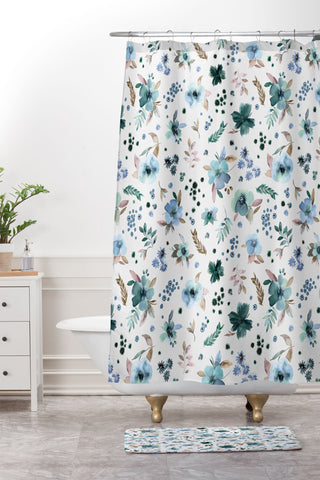 Ninola Design Wintery Floral Calm Sky Blue Shower Curtain And Mat