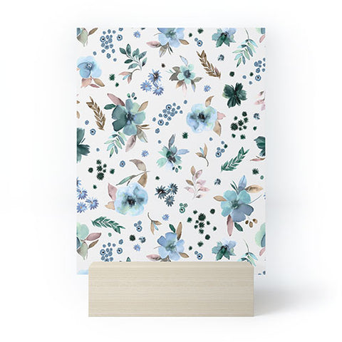 Ninola Design Wintery Floral Calm Sky Blue Mini Art Print