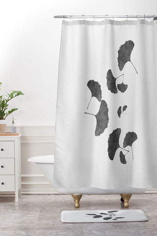 Orara Studio Ginkgo Leaf Black and White I Shower Curtain And Mat