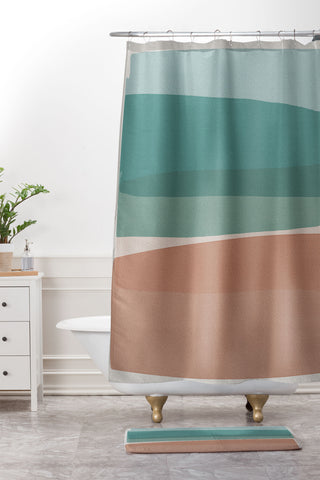 Orara Studio Modern Turquoise and Pink Shower Curtain And Mat