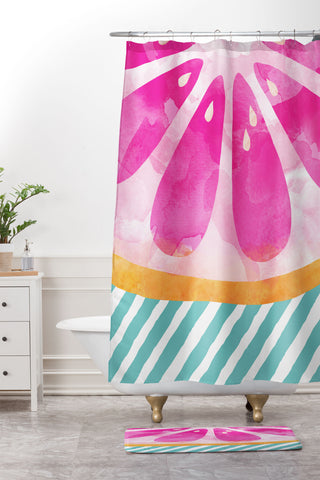 Orara Studio Pink Grapefruit Abstract Shower Curtain And Mat