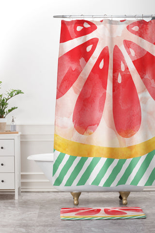 Orara Studio Red Grapefruit Abstract Shower Curtain And Mat