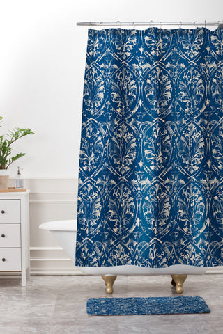 Pattern State Deer Damask Indigo Shower Curtain And Mat
