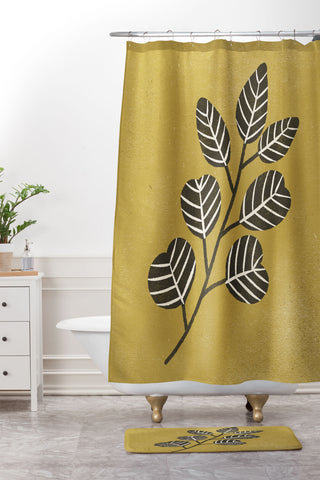 Pauline Stanley Eucalyptus Branch Black Ochre Shower Curtain And Mat