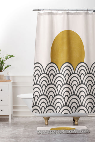 Pauline Stanley Sun Waves Black Ochre Shower Curtain And Mat