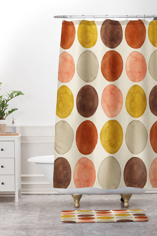 Pauline Stanley Watercolor Dots Rust Ochre Shower Curtain And Mat