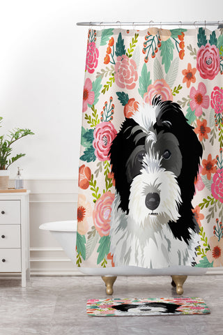 Petfriendly Bernedoodle floral pet portrait Shower Curtain And Mat