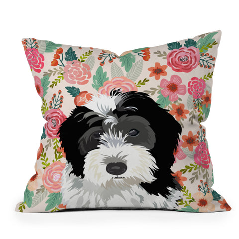 Petfriendly Bernedoodle floral pet portrait Outdoor Throw Pillow