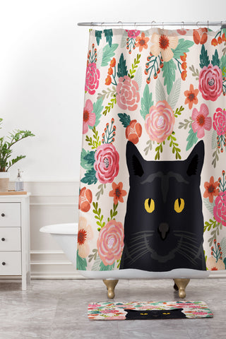 Petfriendly Black Cat florals spring Shower Curtain And Mat