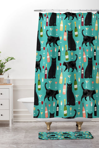 Petfriendly Black cat wine cocktails Shower Curtain And Mat