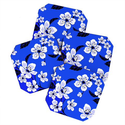 PI Photography and Designs Blue Sakura Flowers Coaster Set