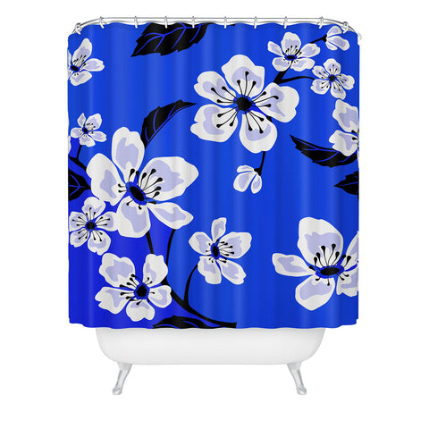 PI Photography and Designs Blue Sakura Flowers Shower Curtain