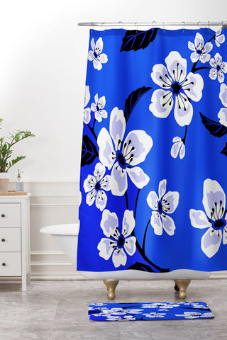 PI Photography and Designs Blue Sakura Flowers Shower Curtain And Mat