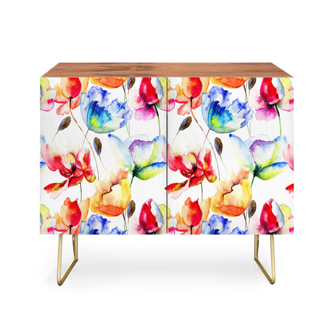 PI Photography and Designs Poppy Tulip Watercolor Pattern Credenza
