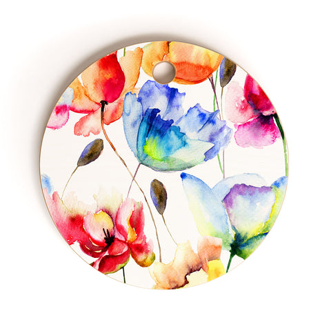PI Photography and Designs Poppy Tulip Watercolor Pattern Cutting Board Round