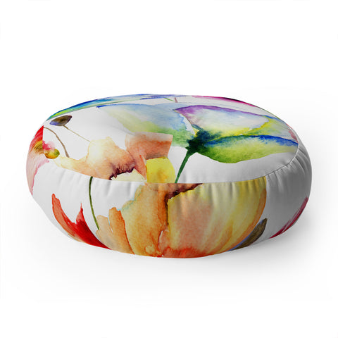 PI Photography and Designs Poppy Tulip Watercolor Pattern Floor Pillow Round