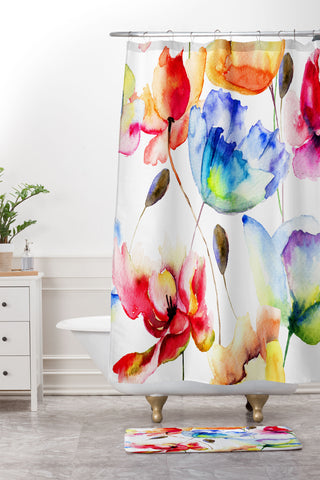 PI Photography and Designs Poppy Tulip Watercolor Pattern Shower Curtain And Mat