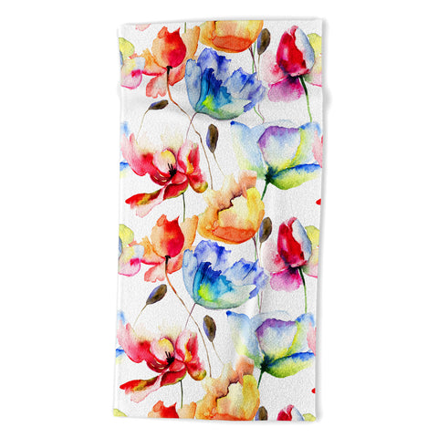 PI Photography and Designs Poppy Tulip Watercolor Pattern Beach Towel