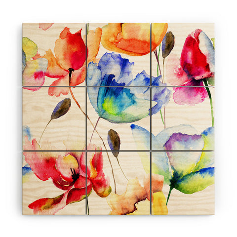 PI Photography and Designs Poppy Tulip Watercolor Pattern Wood Wall Mural