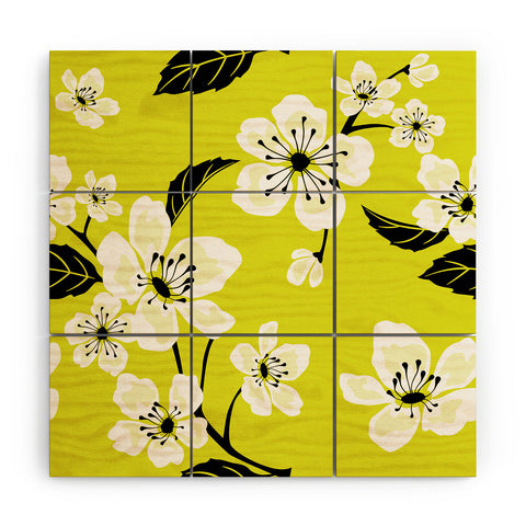 PI Photography and Designs Yellow Sakura Flowers Wood Wall Mural