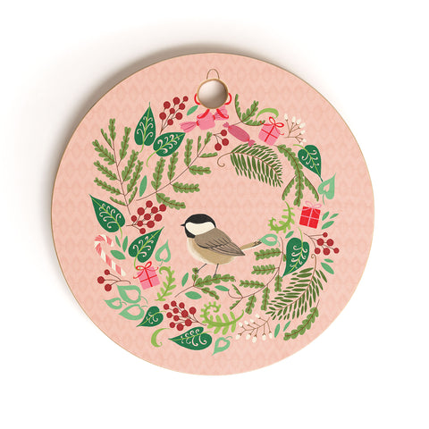 Pimlada Phuapradit bird and christmas wreath Cutting Board Round