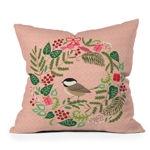 Pimlada Phuapradit bird and christmas wreath Throw Pillow