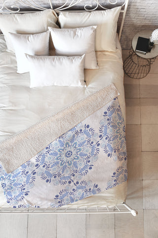 Pimlada Phuapradit Blue and white mandala 1 Fleece Throw Blanket