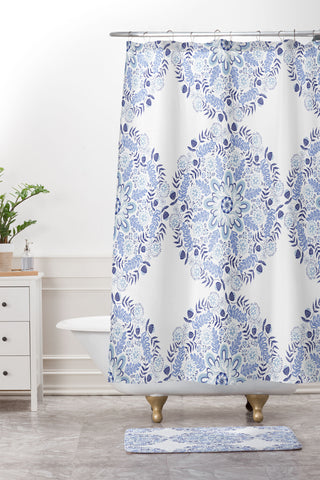 Pimlada Phuapradit Blue and white mandala 1 Shower Curtain And Mat