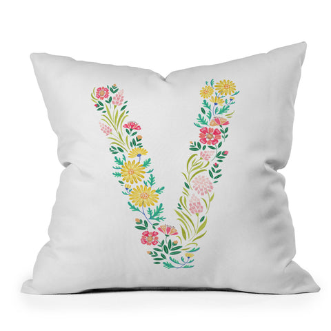 Pimlada Phuapradit Floral Alphabet V Throw Pillow