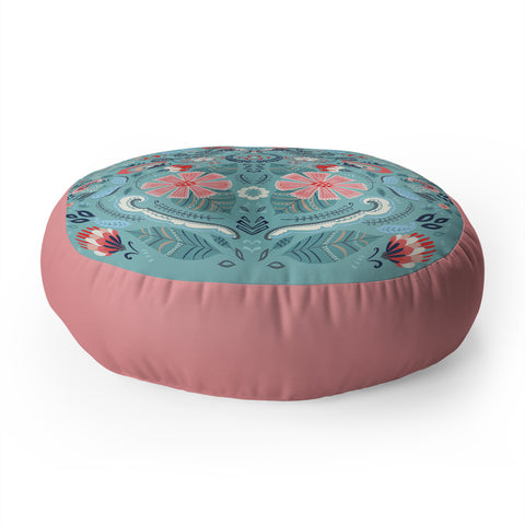 Pimlada Phuapradit Folk Floral Blue Floor Pillow Round