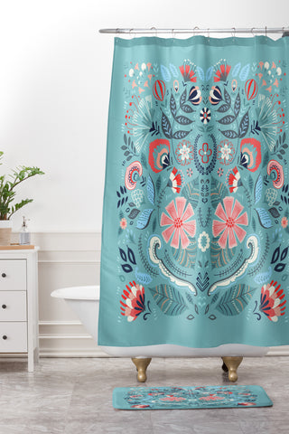 Pimlada Phuapradit Folk Floral Blue Shower Curtain And Mat