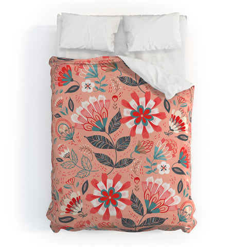 Pimlada Phuapradit Folk Floral Pink Duvet Cover