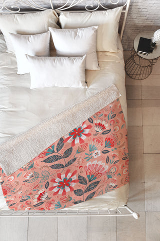 Pimlada Phuapradit Folk Floral Pink Fleece Throw Blanket