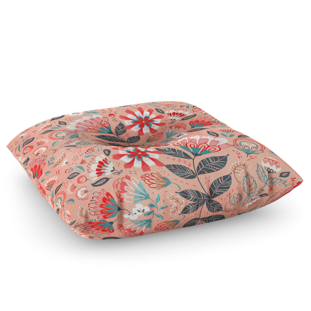 Folk Floral Pink Floor Pillow Square Pimlada Phuapradit