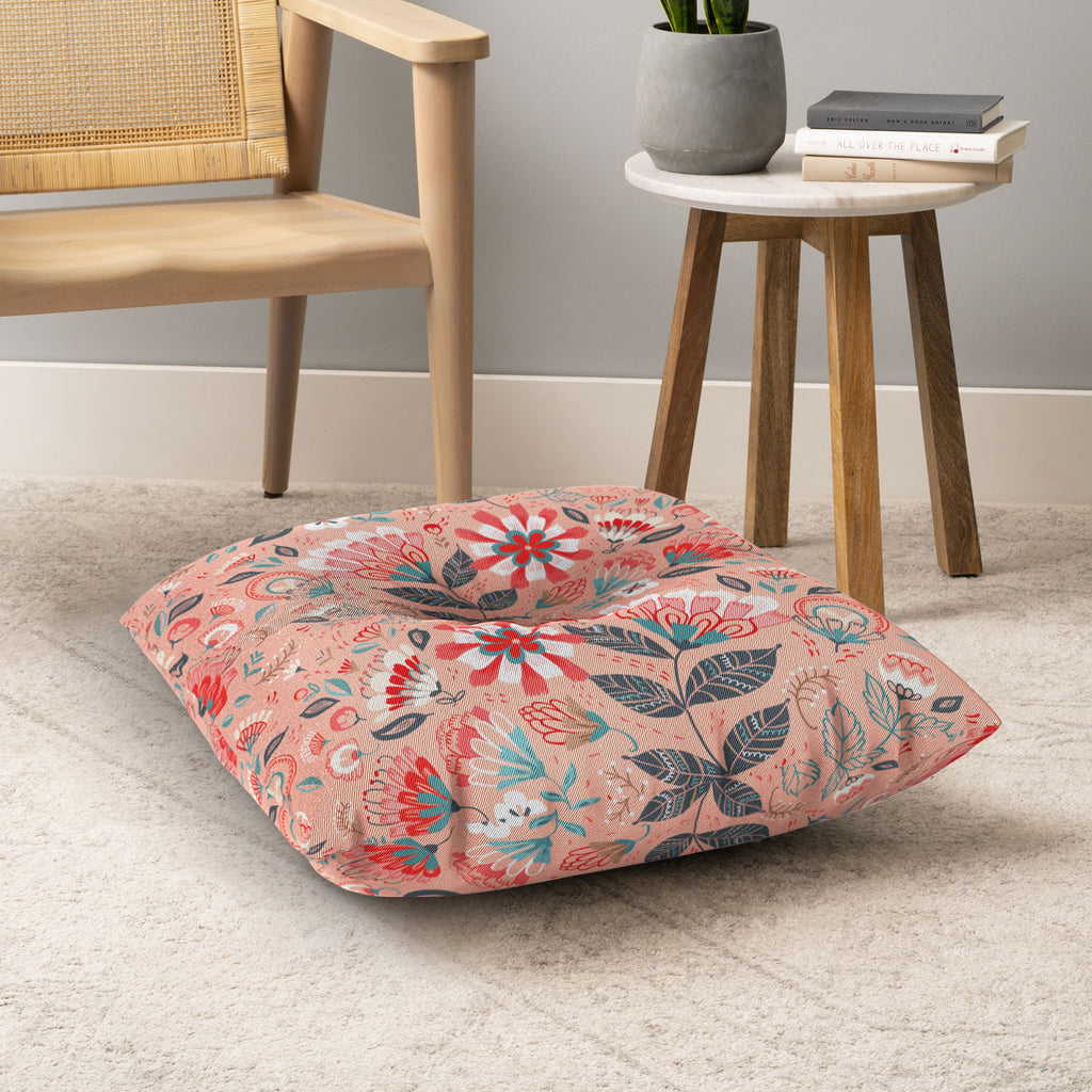 Folk Floral Pink Floor Pillow Square Pimlada Phuapradit