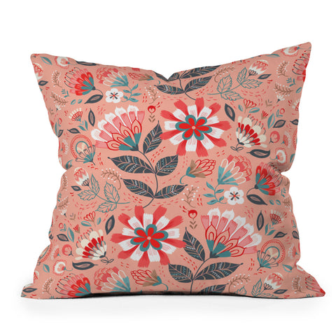 Pimlada Phuapradit Folk Floral Pink Throw Pillow