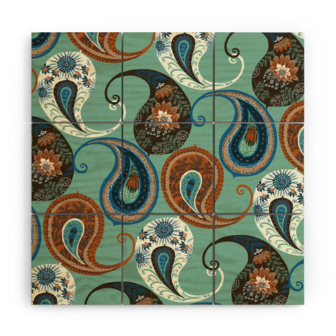 Pimlada Phuapradit Teal floral paislys Wood Wall Mural