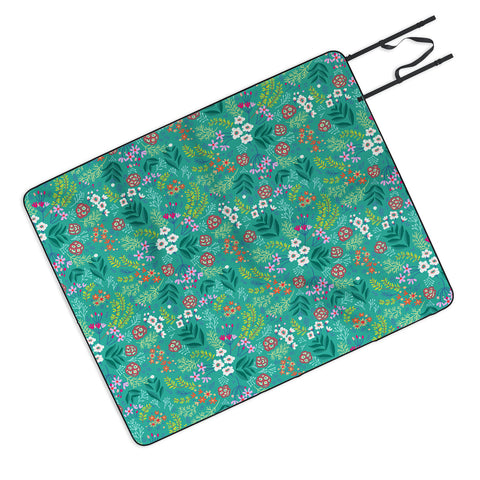 Pimlada Phuapradit Tiny Floral Teal Picnic Blanket
