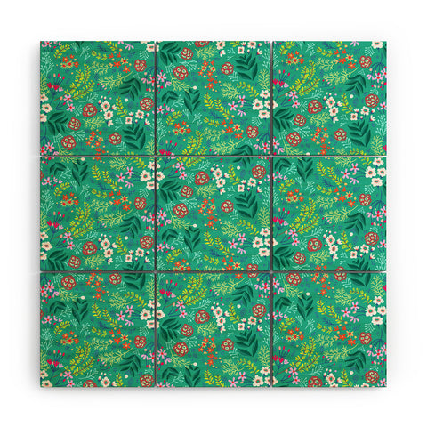Pimlada Phuapradit Tiny Floral Teal Wood Wall Mural