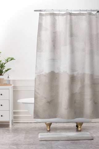 Rachel Elise Beige Sandy Tan Neutral Beach Scene Coastal Horizon Abstract Nature Painting Shower Curtain And Mat