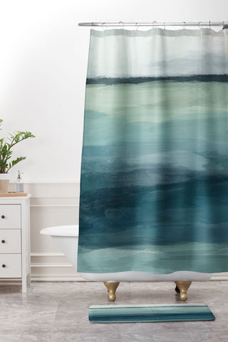 Rachel Elise Seafoam Green Mint Navy Blue Abstract Ocean Shower Curtain And Mat