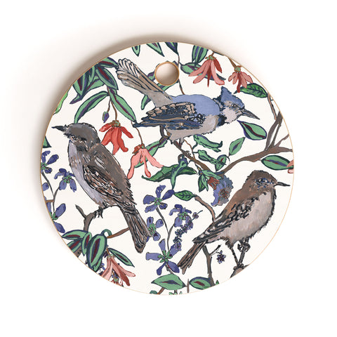 Rachelle Roberts Blue Bird Viney Leaf Cutting Board Round