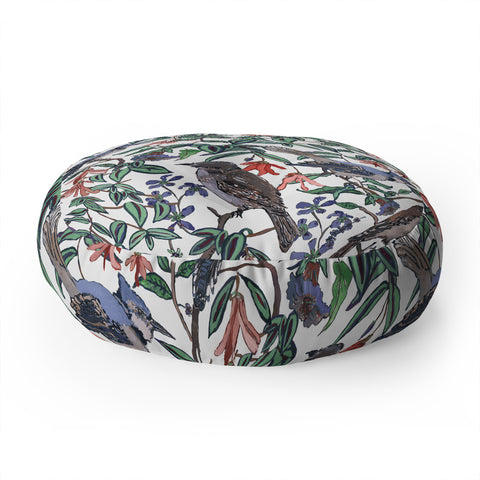 Rachelle Roberts Blue Bird Viney Leaf Floor Pillow Round