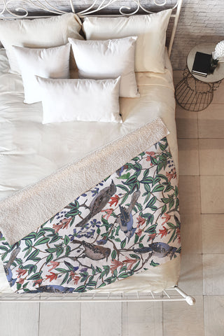 Rachelle Roberts Blue Bird Viney Leaf Fleece Throw Blanket