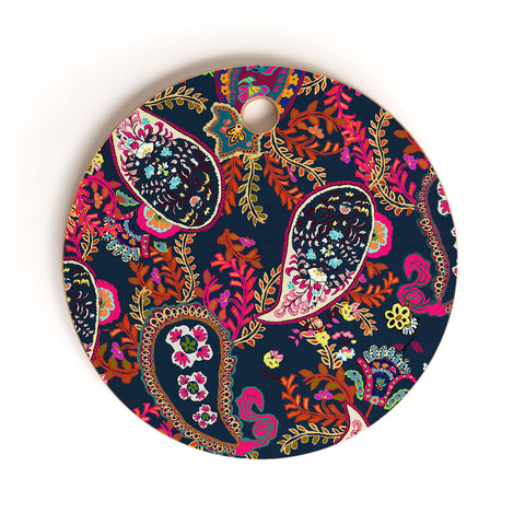 Rachelle Roberts Boho Paisley Navy Cutting Board Round