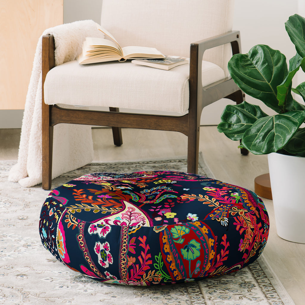 Boho Paisley Navy Floor Pillow Round Rachelle Roberts