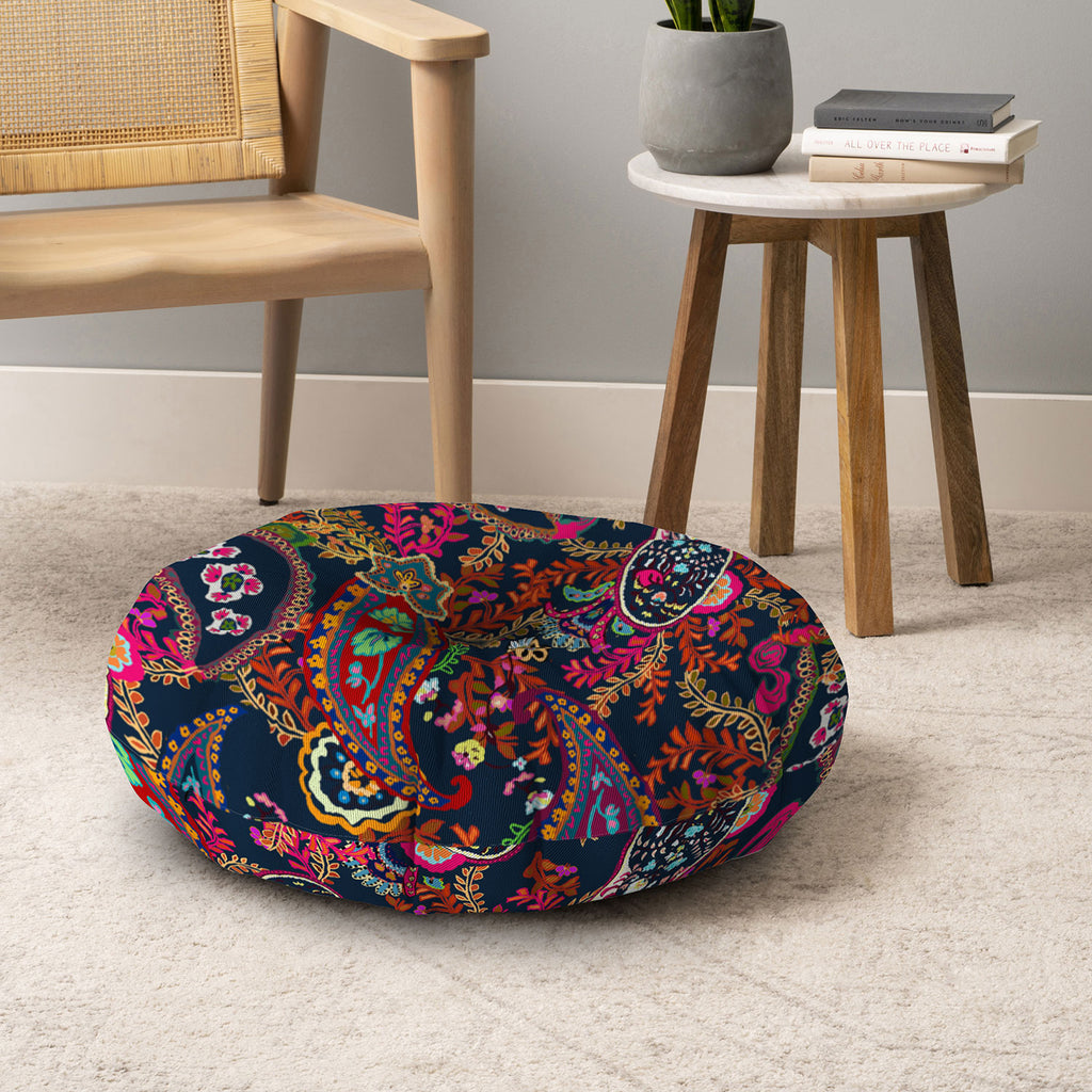 Boho Paisley Navy Floor Pillow Round Rachelle Roberts